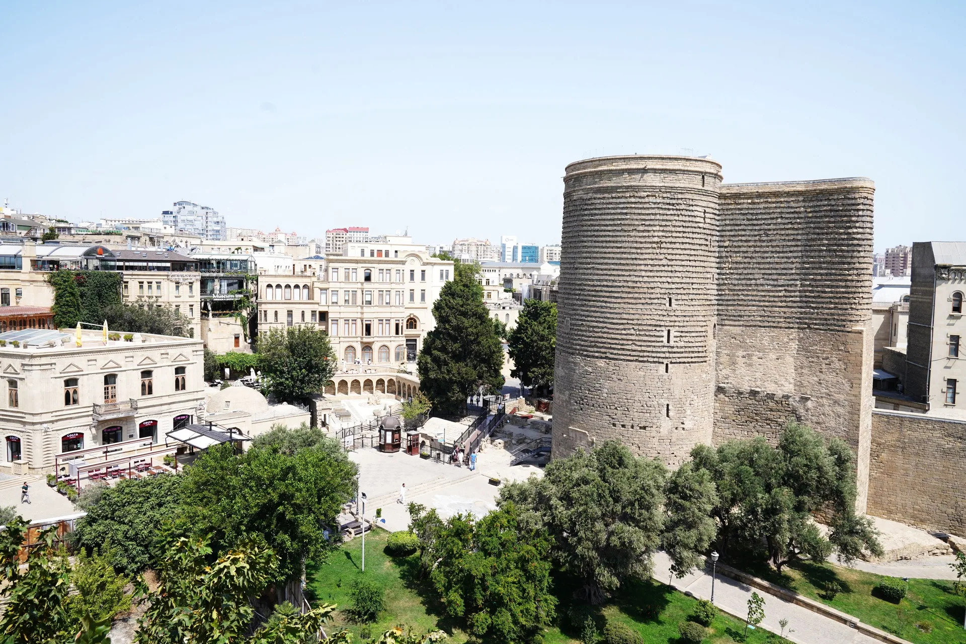 Aerial view of Maiden Tower and the stone buildings of Icherisheher in Baku, Azerbaijan